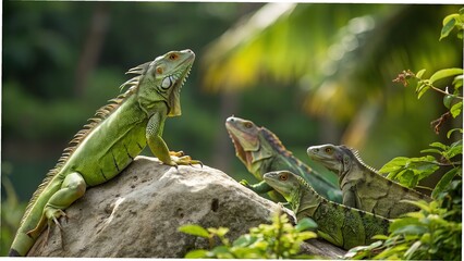 High-resolution photo of vibrant green iguana on rock with bright natural outdoor jungle environment. Netherlands, Bonaire Island, Dutch Caribbean, Kralendijk, Green Iguana
