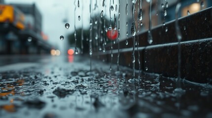 rain on the road view  A striking close-up view of yellow road lines captured during rainfall,