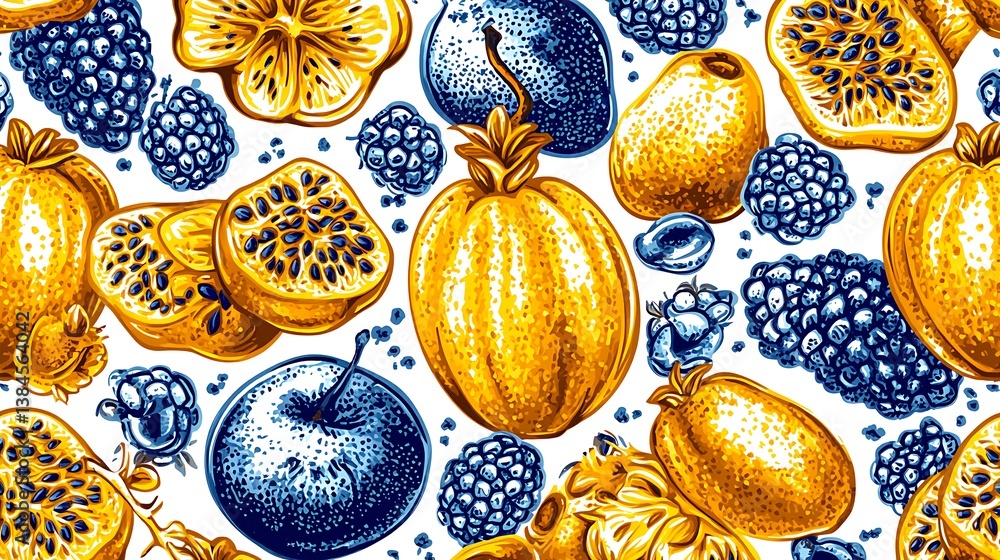 Poster hand-drawn seamless pattern of diverse fruits, creating a vibrant and colorful design