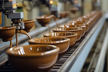 Ceramic Bowls on Factory Line Automation, Manufacturing Process, Glossy Texture, Focus Shot