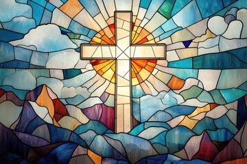 Cross in radiant light – Christian stained glass symbolizing faith, hope, and spirituality. AI generative.
