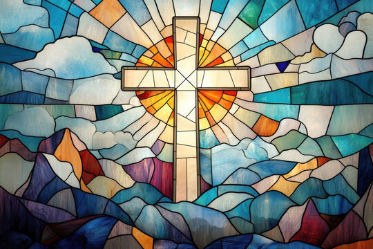 Cross in radiant light – Christian stained glass symbolizing faith, hope, and spirituality. AI generative.