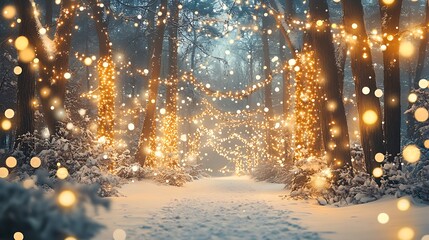 Naklejka premium Christmas night in enchanted forest with glowing tree and snowfall picture