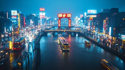 Tokyo Night River Bridge Cityscape.
