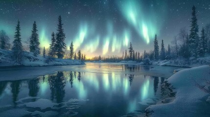 Fototapeta premium Scenic Northern Lights Display Reflected in Winter Lake at Night Time