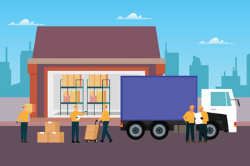Vibrant 2D illustration depicting warehouse logistics