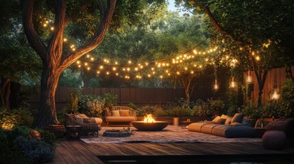 Obraz premium A beautifully decorated backyard with an outdoor seating area, string lights hanging from trees, a cozy fire pit, and a wooden deck.