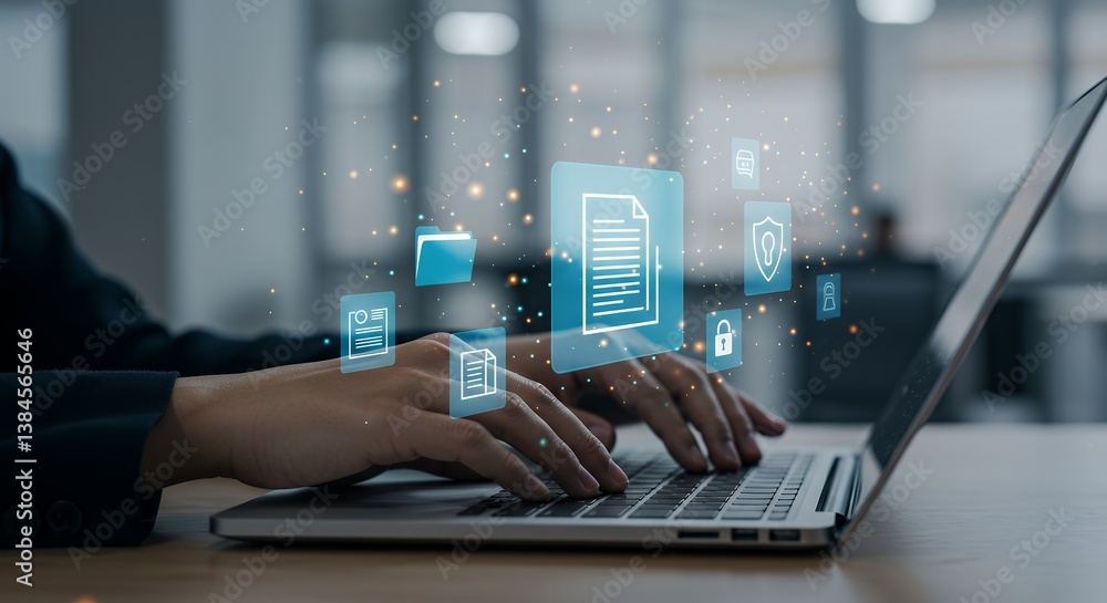 Aufkleber secure data management: person typing on laptop with holographic document and security icons