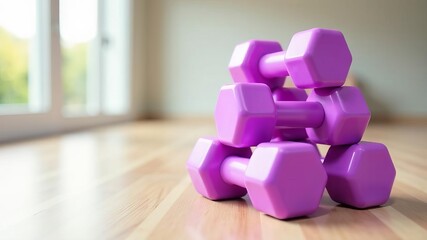 Stack of purple dumbbells for fitness on light background, space for text