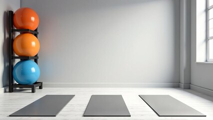 Stand with fitness balls and yoga mats in gym