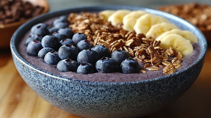 Fruit and granola swirl in purple smoothie bowl.