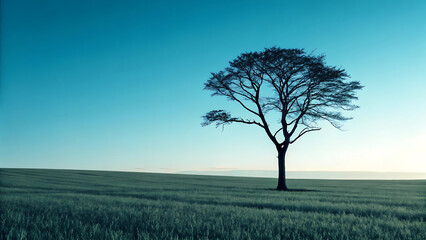 Obraz premium Solitary Tree in Serene Field A Peaceful Landscape Photograph