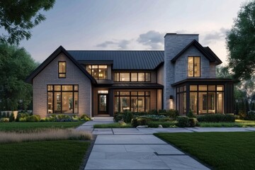 Stunning modern house design featuring large windows and elegant architecture at dusk in a serene neighborhood with lush landscaping