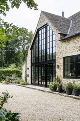 Charming stone house with large glass windows surrounded by lush greenery and a gravel pathway, located in a tranquil countryside setting during daylight hours