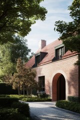 Naklejka premium Charming brick house surrounded by lush greenery on a sunny day, showcasing a peaceful garden path and classic architecture