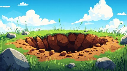Cartoon illustration of a deep hole in the ground, surrounded by green grass