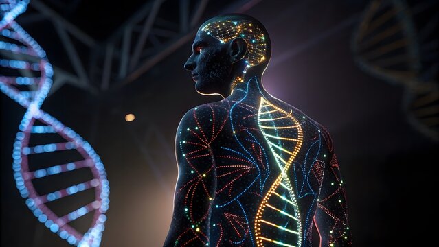 Sci-fi themed concept showing a digital human form enhanced with implants and glowing DNA strands, symbolizing transhumanism, biotech, and future evolution.