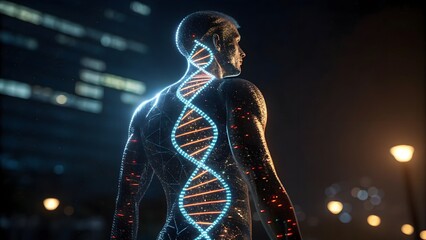 Sci-fi themed concept showing a digital human form enhanced with implants and glowing DNA strands, symbolizing transhumanism, biotech, and future evolution.