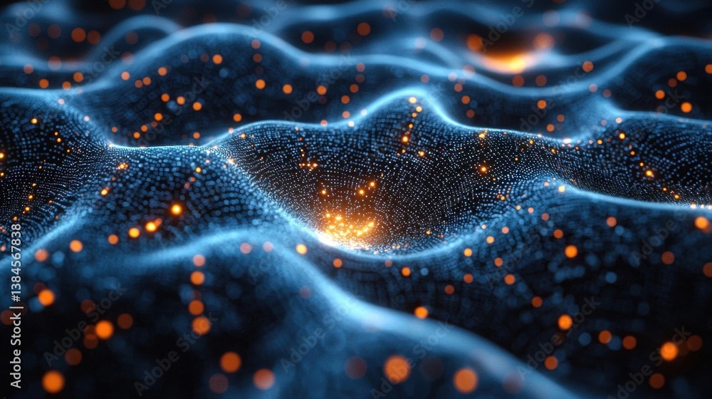 Poster glowing particle wave field.