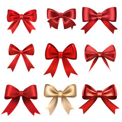 A set of red and gold bows are shown in various sizes and orientations