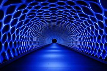 Futuristic blue tunnel with glowing lights creating a mesmerizing pathway.