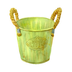PNG Watercolor drawn vintage little green metal bucket decorated with rope. Isolated Illustration of flower garden pot in retro style. Design for compositions, covers, packaging, fabric, season offer.