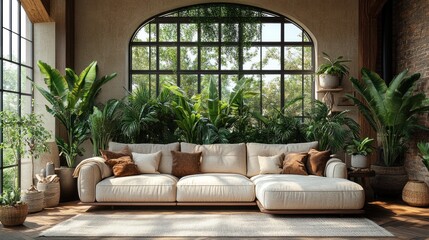Sunlit living room with large arched window, beige sectional sofa, and abundant tropical plants.