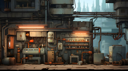 Detailed Pixel Art of Complex Industrial Interior with Orange Light Wires and Rusty Machinery in a Grungy Futuristic City