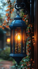 Glowing lamp adorns building with autumn leaves.