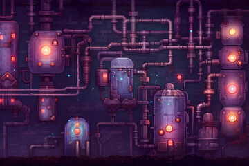 Detailed Pixel Art of Industrial Steampunk Machinery with Glowing Lights and Intricate Pipes in Dark Purple Tones and Red Accents