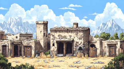 Detailed Pixel Art of Old Sandstone Architecture with Distant Mountains Under a Bright Cloudy Sky in an Open Landscape Environment