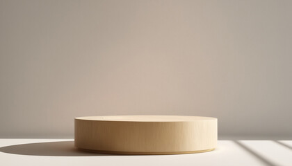 Solitary wooden cylinder display platform against a plain white background with soft, natural light casting a shadow.