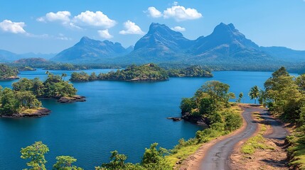 Fototapeta premium Tropical Lake Mountains Road Panoramic.