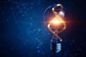 DNA Helix in Light Bulb with Glowing Particles on Blue Plexus Background Design