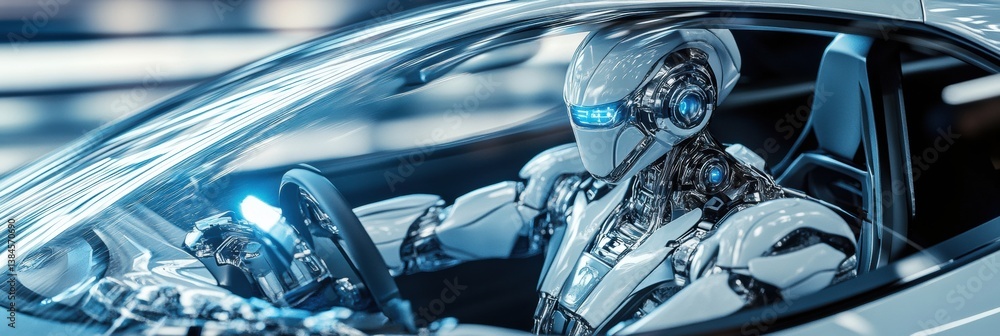 Aufkleber Highly detailed 3D-rendered robot skillfully driving a futuristic car through a bright urban environment with complex mechanical reflections