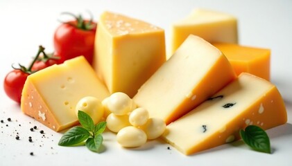 Assortment of Italian cheeses on white background , cheese, food photography, rich