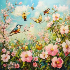 Springtime meadow teeming with life: birds, bees, and blossoming flowers