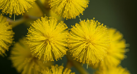 Obraz premium Bright yellow fluffy flowers against a blurred green background 