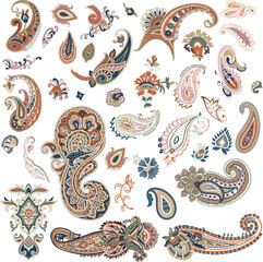 set of paisley motif pattern on white background 
