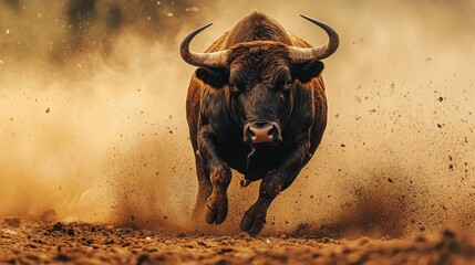 A powerful bull charges with speed and determination through the dust