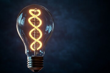 Lit DNA Strand Inside Clear Bulb, Illuminated on Dark Background, Creative Science Concept