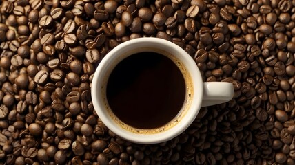 Fototapeta premium A white cup filled with dark coffee rests on a large pile of roasted coffee beans viewed from above.