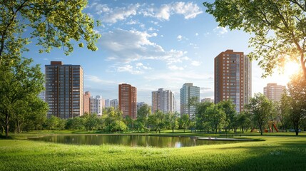 Obraz premium Urban Oasis: Modern City Skyline Reflected in a Tranquil Park Lake