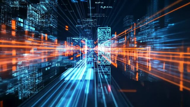Futuristic data stream visualization with abstract network connections and binary data