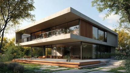 Fototapeta premium Modern house with concrete and wooden facade, glass windows, and green surroundings. Use for architecture blogs, property listings, or luxury lifestyle content.