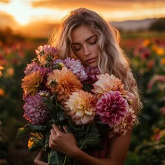 Naklejka premium Serene woman with dahlia bouquet at sunset expressing peaceful mood
