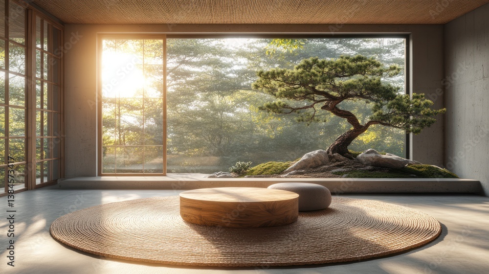 Poster sunlit minimalist room with large window showcasing bonsai tree and zen garden.