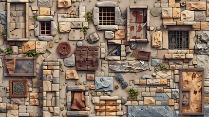 Detailed Stone Wall with Various Textures and Shapes in an Abstract and Decorative Style with an Old Brick Building Facade and Weathered Surface