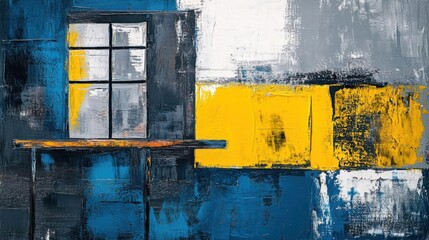 Naklejka premium Abstract Blue Yellow Grey Window Painting Art.