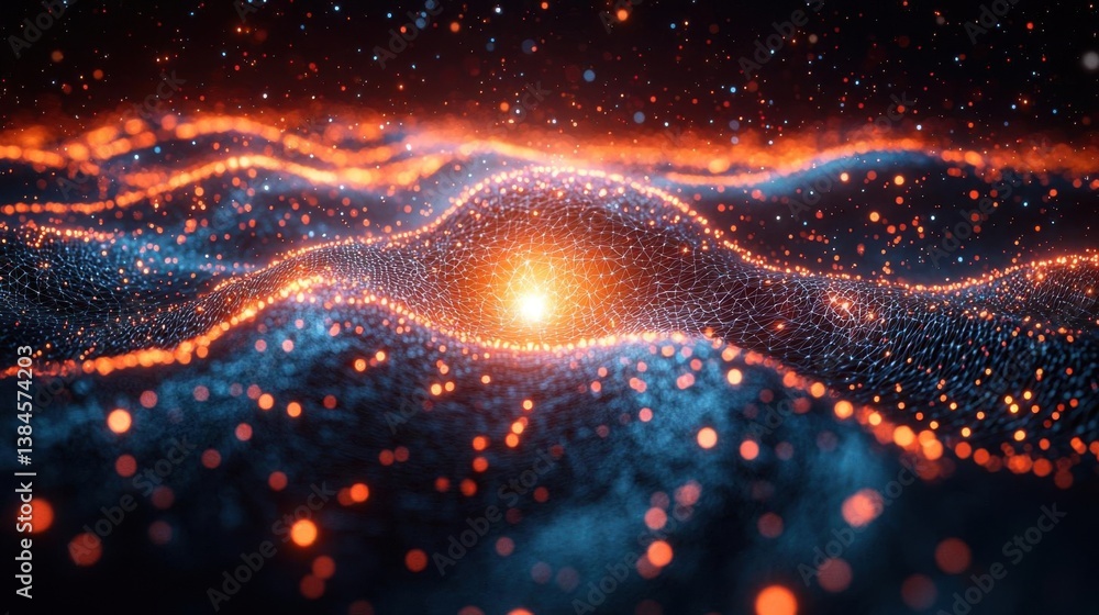 Poster abstract glowing energy waves with particle background.